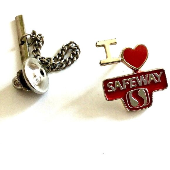I Heart SAFEWAY Employee Enamel Tie Tack & Chain Lapel Pin Grocery Stores - Picture 3 of 3